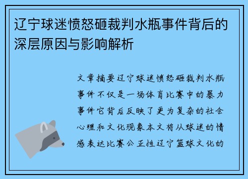 辽宁球迷愤怒砸裁判水瓶事件背后的深层原因与影响解析