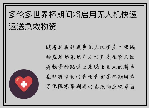 多伦多世界杯期间将启用无人机快速运送急救物资